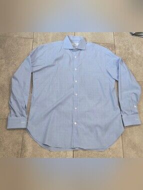 Brioni Neiman Marcus Men Dress Shirt 16 41 Blue Glen Plaid French Cuff Italy Lux